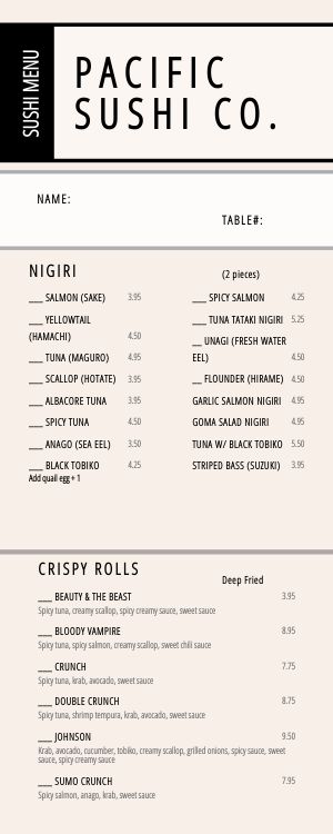 Simple Sushi Half Page Menu