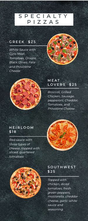 Specialty Pizza Half Page Menu