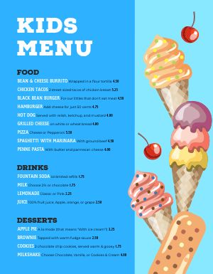 Ice Cream Kids Menu