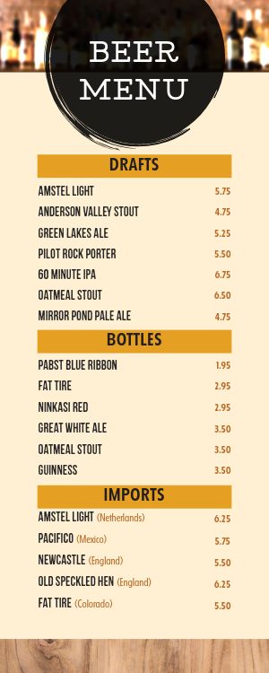 Traditional Sports Bar Half Page Menu