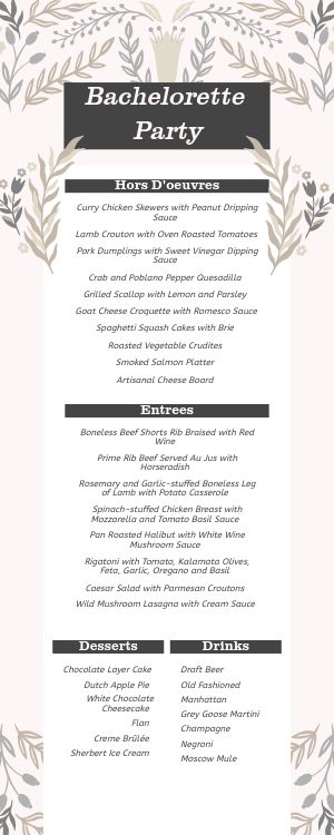 Bachelorette Party Half Page Menu Example