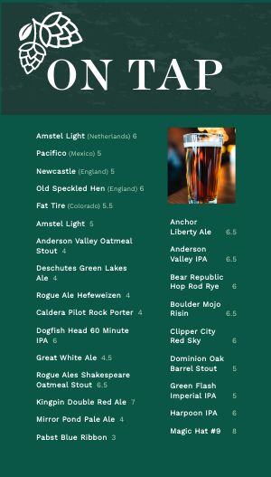 Simple Green Bar Tall Digital Menu Board