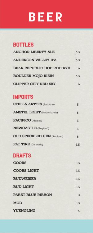 Example Sports Bar Half Page Menu