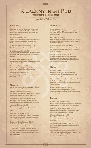 Irish Tavern Menu