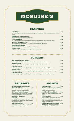 Simple Irish Pub Menu