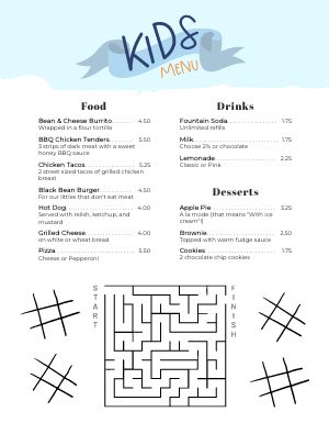 White Sports Kids Menu