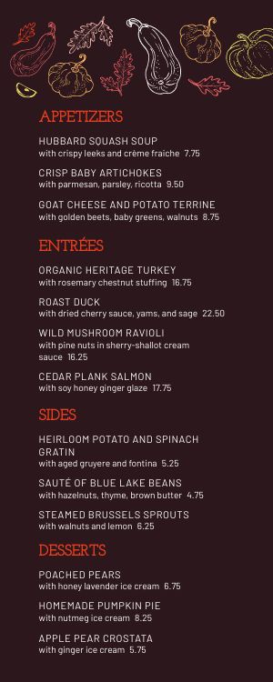 Colorful Thanksgiving Specials Half Page Menu