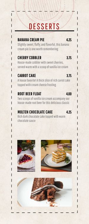 American Dessert Half Page Menu Example