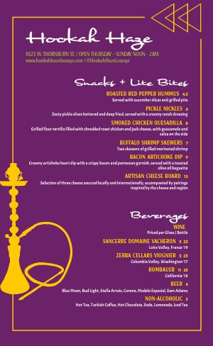 Purple Hookah Menu