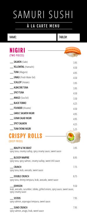 Sushi Rolls Half Page Menu