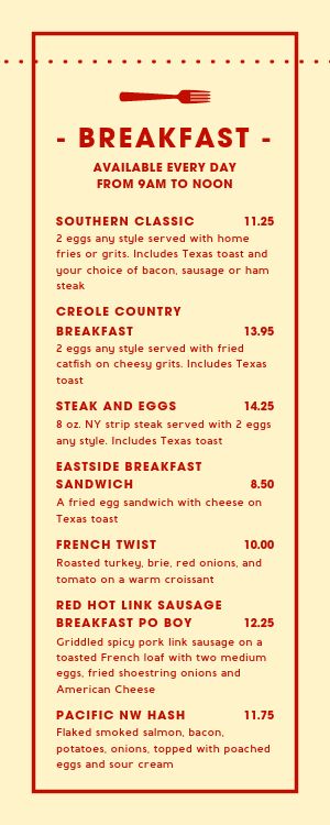 Southern Breakfast Half Page Menu